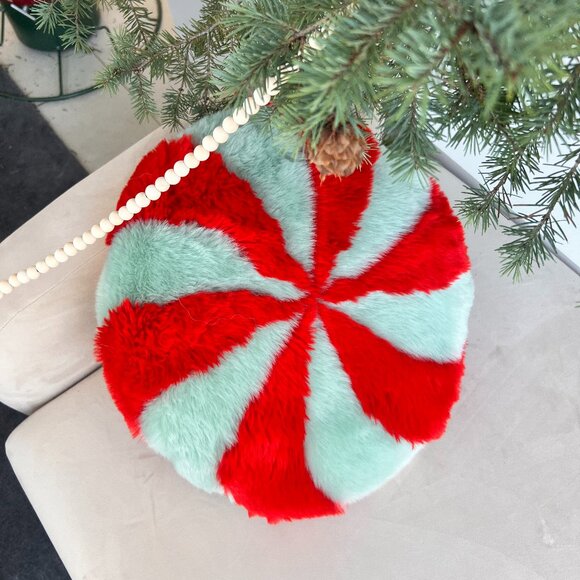 Discontinued Brand New Anthropologie Peppermint  Green&Red Faux Fur Pillow - Picture 5 of 5